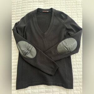 Prada Women’s Black V-Neck Sweater with Leather Elbow Patches - size M